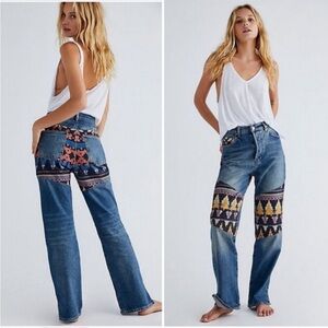 FREE PEOPLE Rocky Mountain Straight Leg Jeans Alpine Blue Corduroy Trim Sz 26